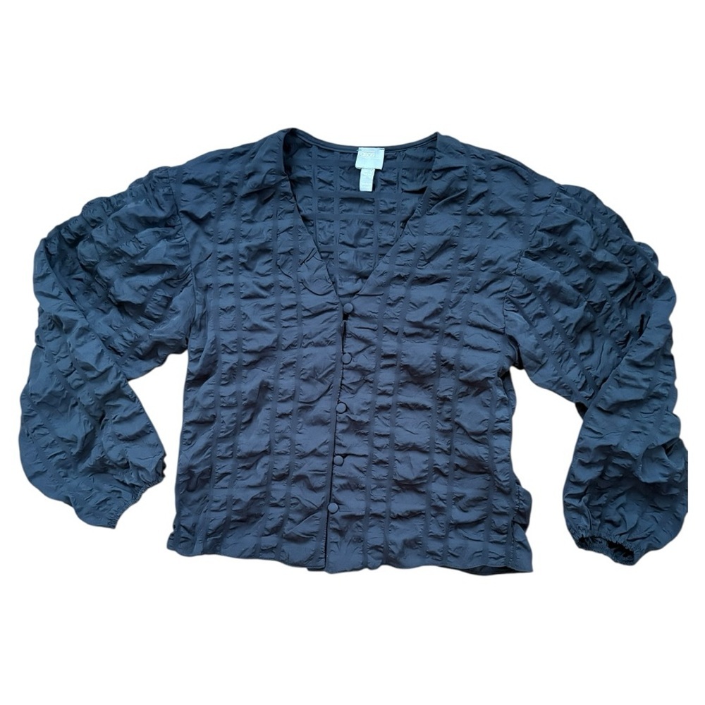 ASOS Black Crinkle Blouse | Covered Buttons | Textured Chic | Size 2